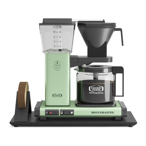 Czarna podstawka pod Moccamaster – widok z przodu z filtrami w uchwycie